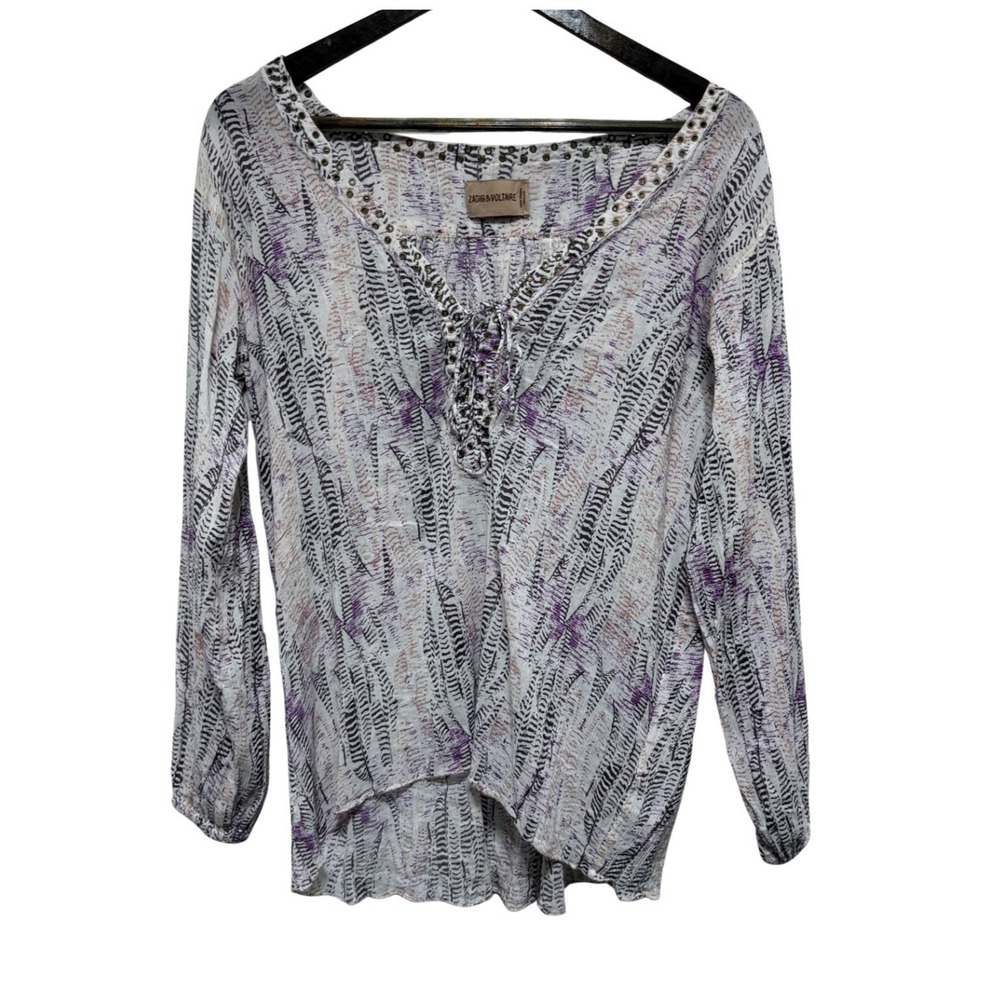 Zadig Voltaire Blouse Womens S Lace Up Watercolor Print V Neck Lightweight Boho